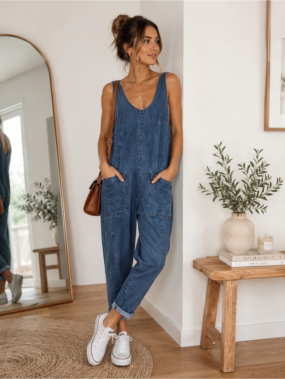 H/G Women’s Blue Denim Jumpsuit  Relaxed Fit Pocket Overalls Casual One Piece.